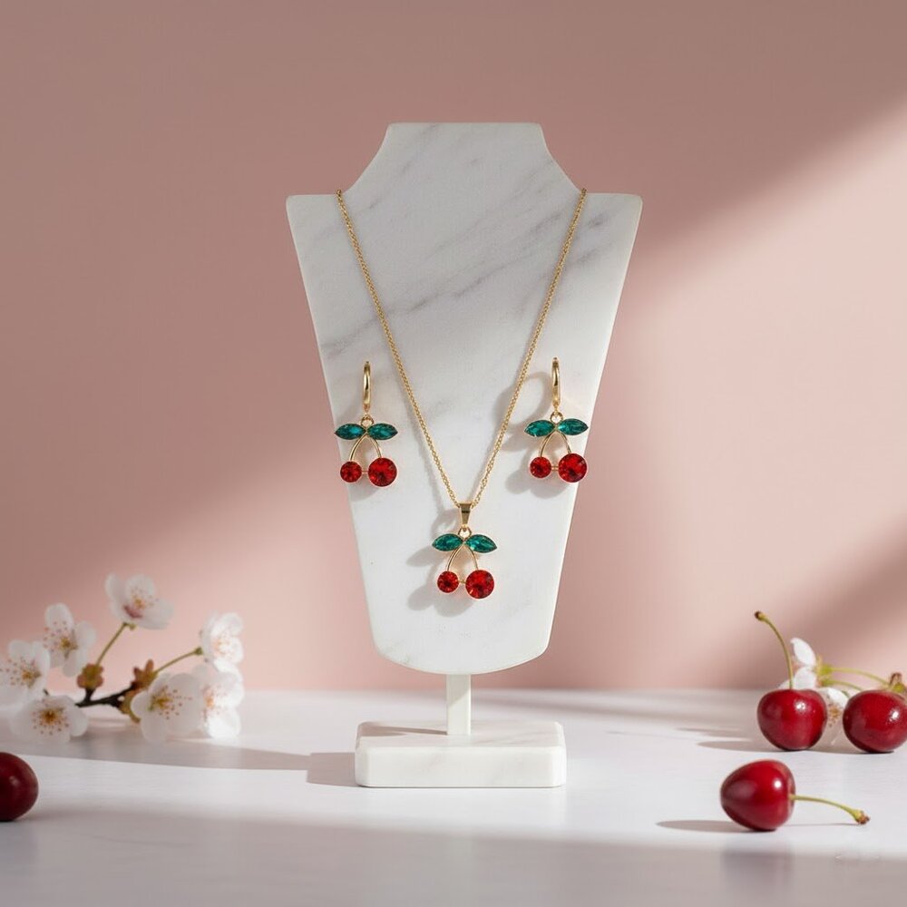 3 PIECE RHINESTONE CHERRY NECKLACE AND EARRINGS